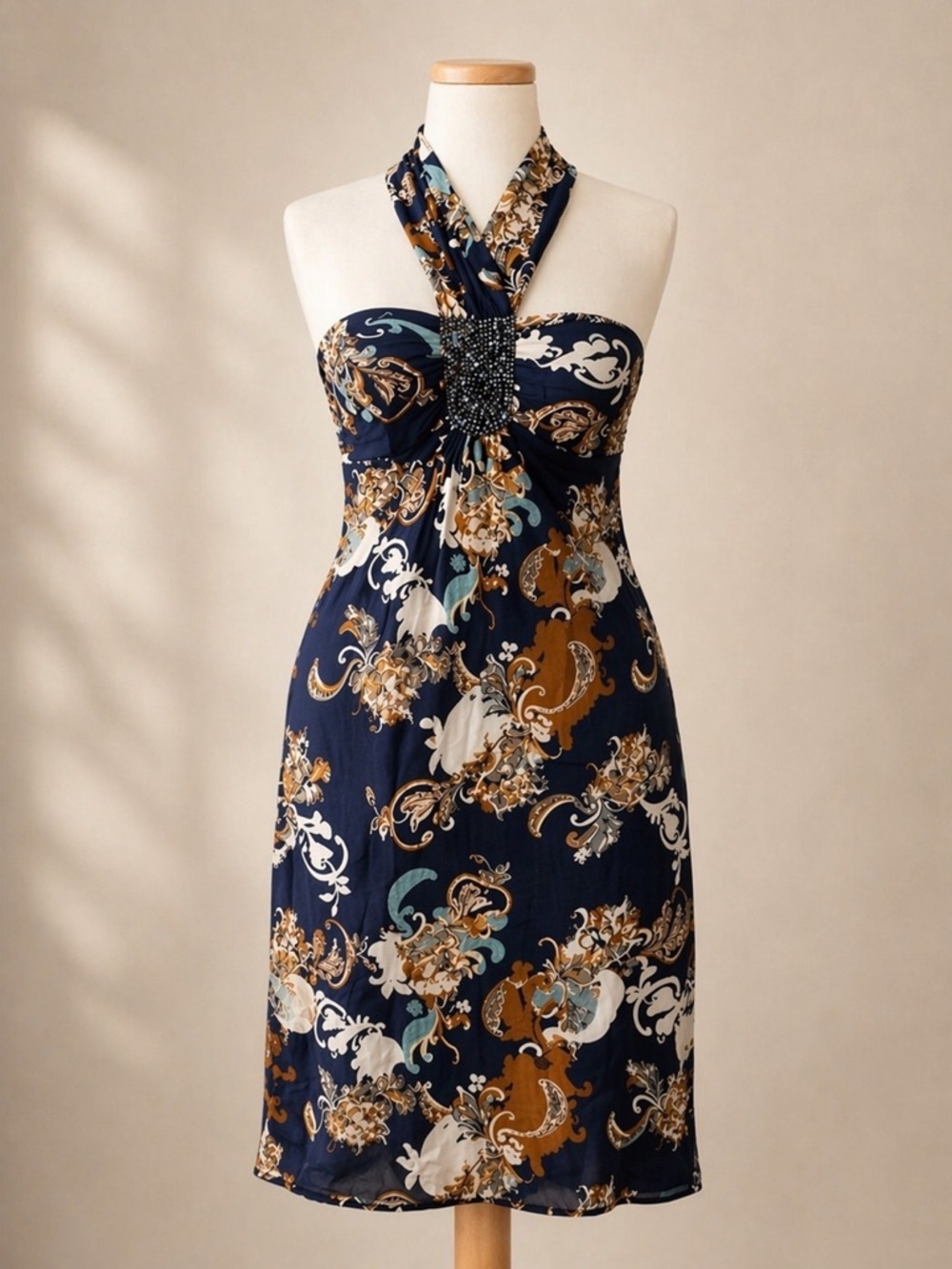 BCBG Paris Silk Halter Dress/Beaded Detail/Cocktail/Vacation